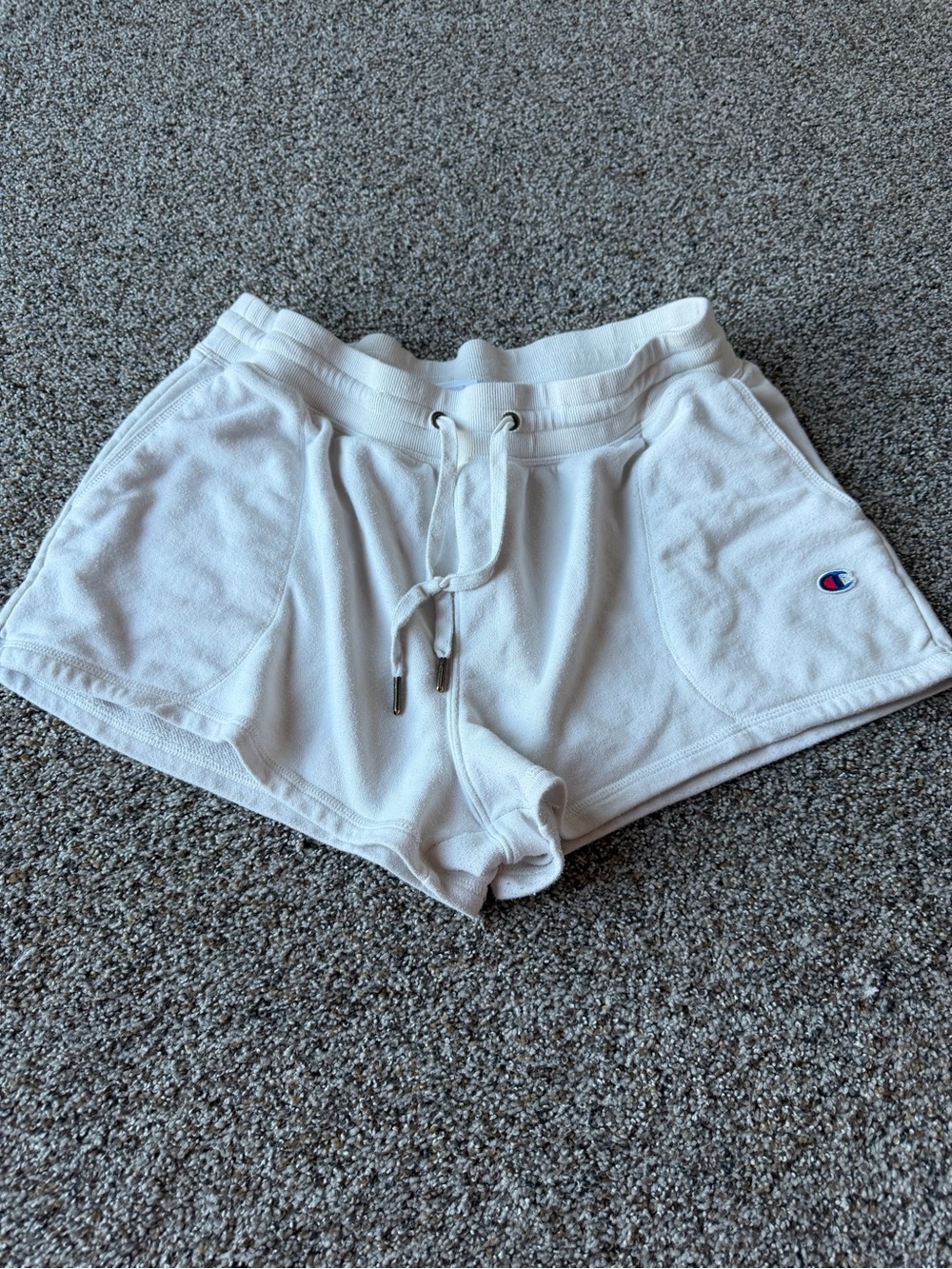 Champion Womens Large White French Terry Sweat Shorts Drawstring Logo Lounge